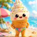 Cute Soft Serve Ice Cream Character in Speedo at the Beach