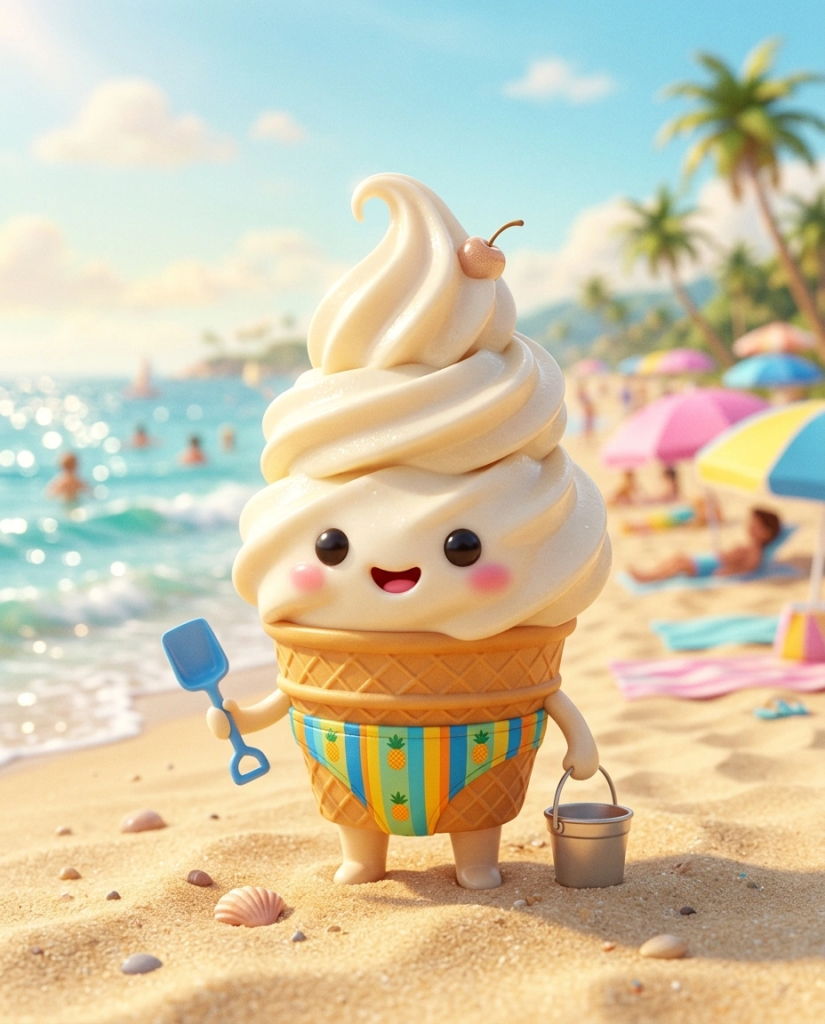 Cute ice cream character, soft serve, at the beach, Kawaii style with happy expression, wearing a Speedo.