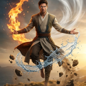 Powerful wizard sorcerer summoning the elements while floating in the air