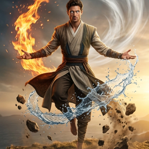 Powerful wizard sorcerer summoning the elements while floating in the air