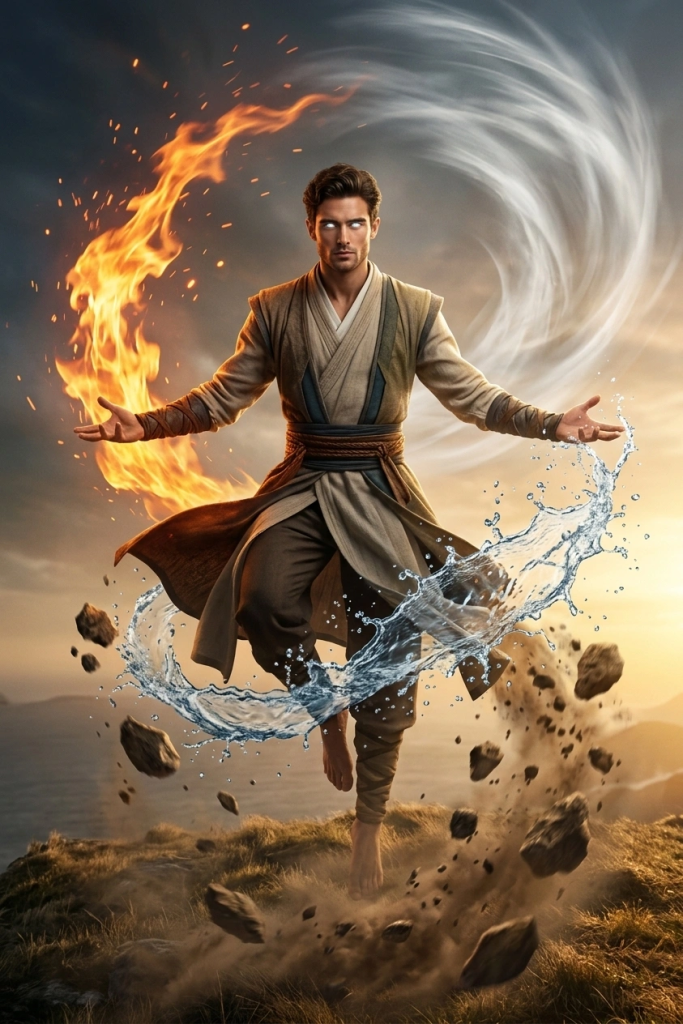 Powerful mage summoning the elements while floating in mid air, epic cinematic fantasy image.