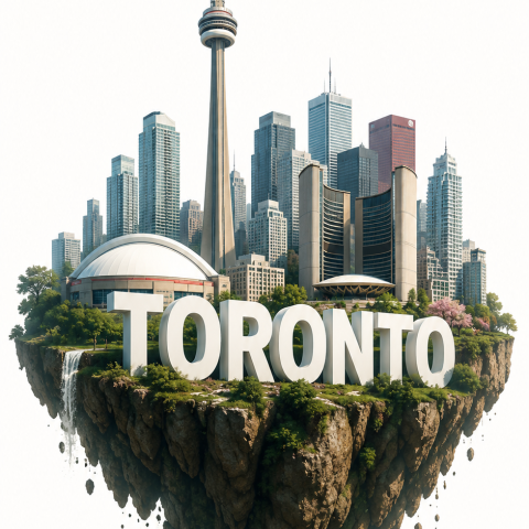 Toronto as if it were a floating island in the sky, featuring the CN Tower and the city skyline