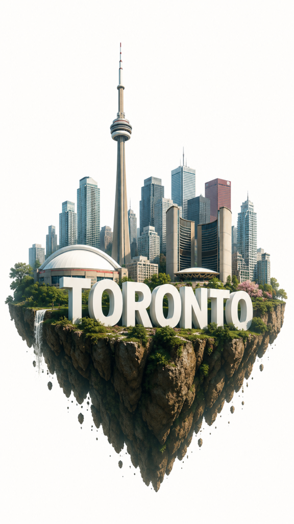Floating island image of Toronto and all it's main landmarks , like the CN Tower and the Roger's Centre.