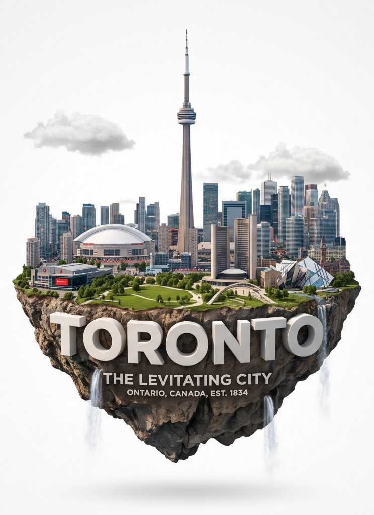 Toronto as a floating city in the sky, as created by nano Banana (prompt included).