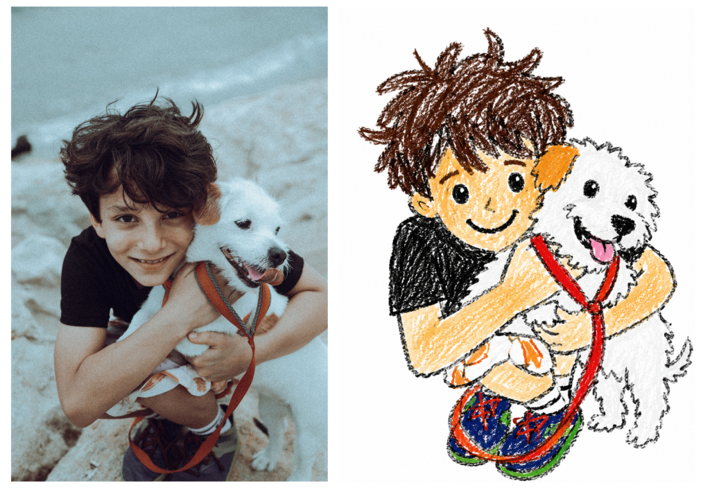 Cute pic in crayon art of a boy and hiw adorable white puppy