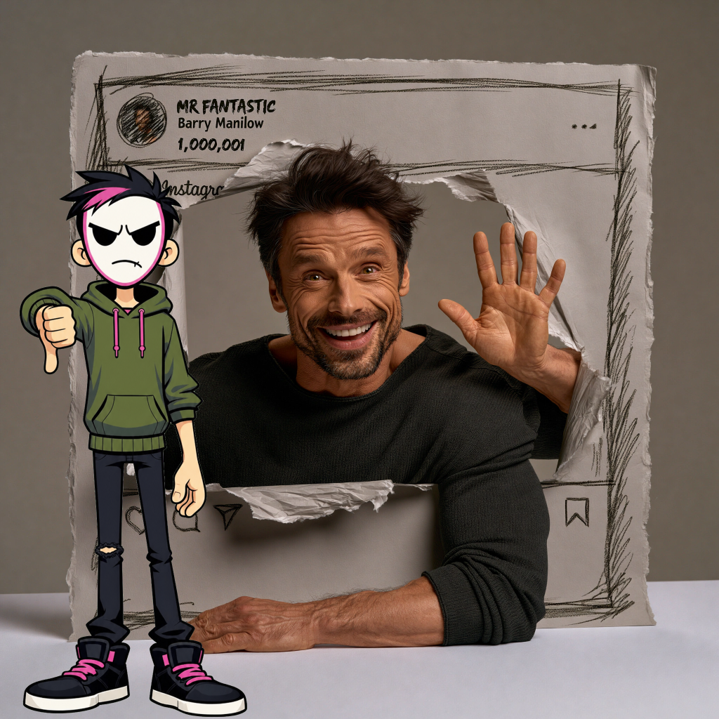 midjourney attempt to make image of man popping out of Instagram post. Funny failure.