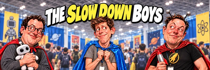 Dario Amodei and sam altman and elon musk - want slow down - caricatures funny