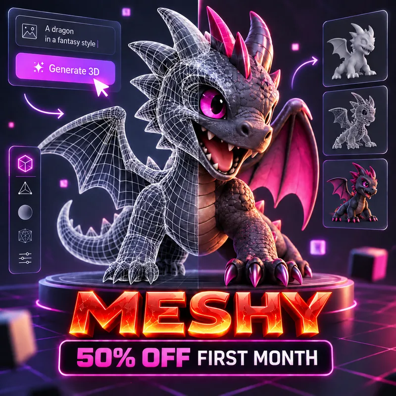 Meshy Fifty Percent Off discount deal for AI