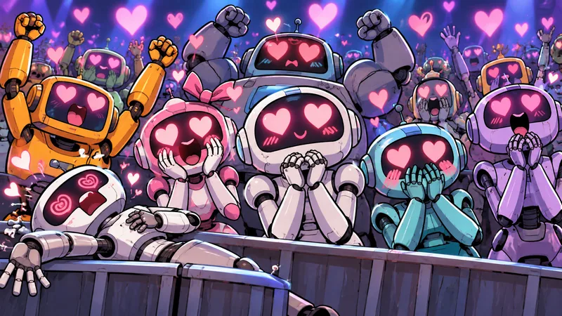 Crowd of lovestruck AI robots cheering enthusiastically, with one robot fainting