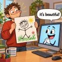 Cartoon man proudly shows a terrible stick-figure drawing while a smiling AI computer calls it beautiful