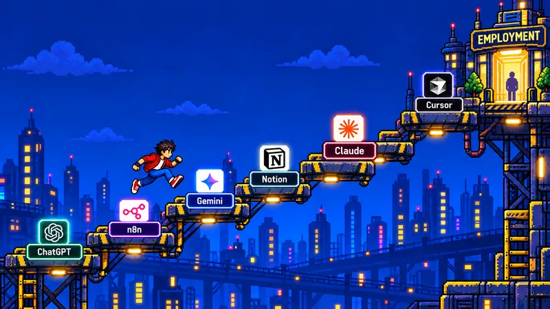 Pixel-art platform game showing a job seeker collecting AI tools on the way to employment