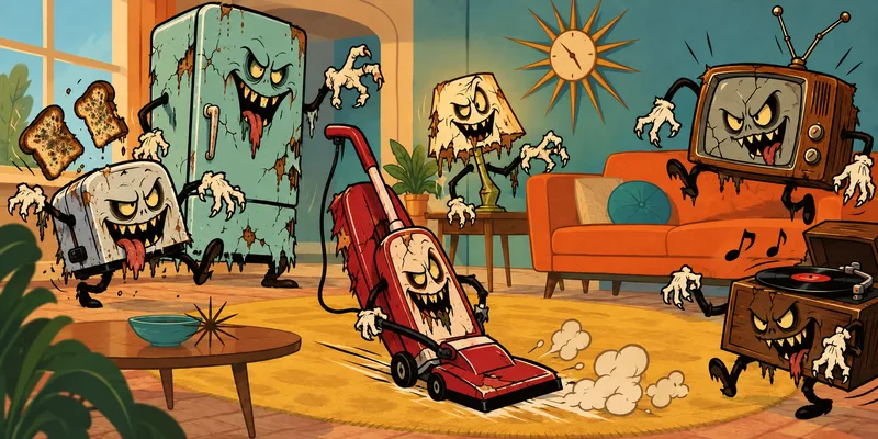Zombie-like household appliances with sinister faces in a retro 1960s cartoon living room