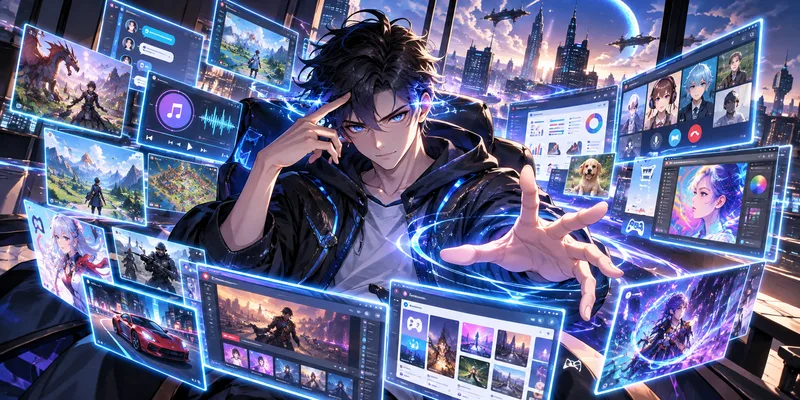 Anime-style man controlling holographic screens showing apps, games and digital tools