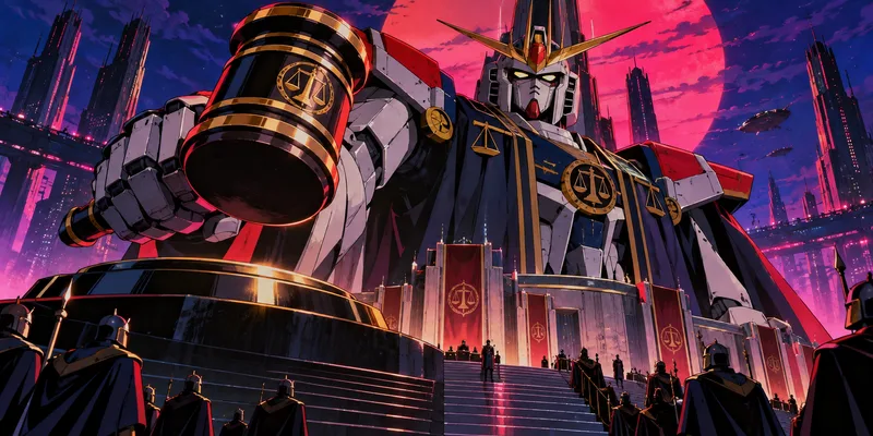 Giant robot judge holding a gavel in a futuristic courtroom, 1980s anime-style illustration