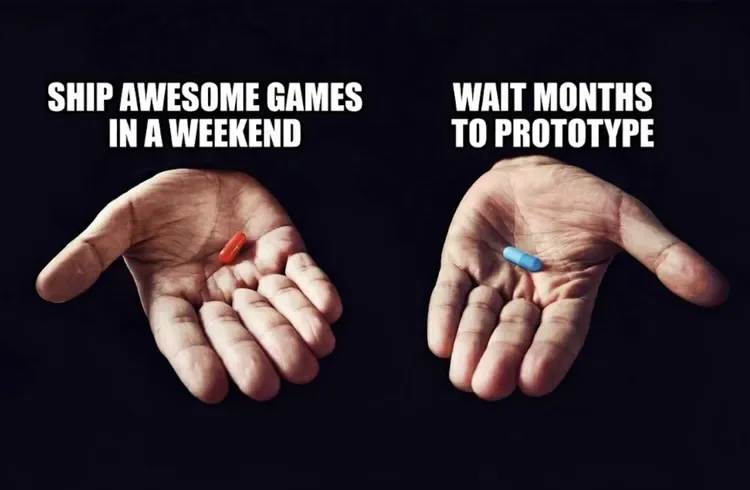 Epic Games AI MegaJam promotional image with red and blue pills and a six-fingered hand