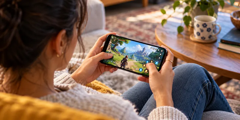Over-the-shoulder view of a woman playing a fantasy game on her smartphone