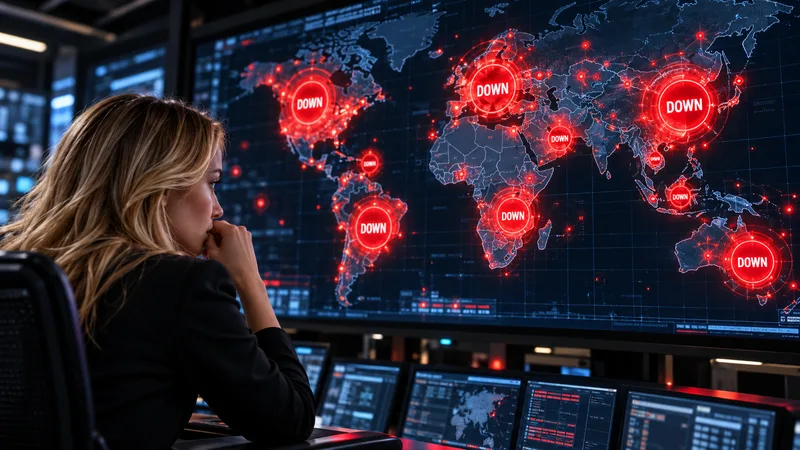 Woman monitoring a world map displaying red DOWN warnings for PHP security vulnerabilities