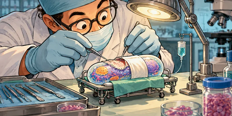 Cartoon scientist using tiny surgical instruments on a capsule-shaped biological cell