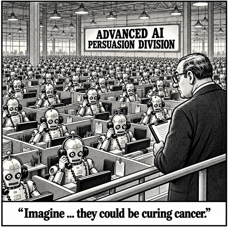 Man overlooking sea of robots making robo-calls with the caption: "Imagine... the could be curing cancer."