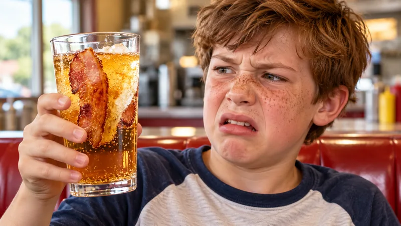 Confused freckled boy holding a glass of soda containing bacon