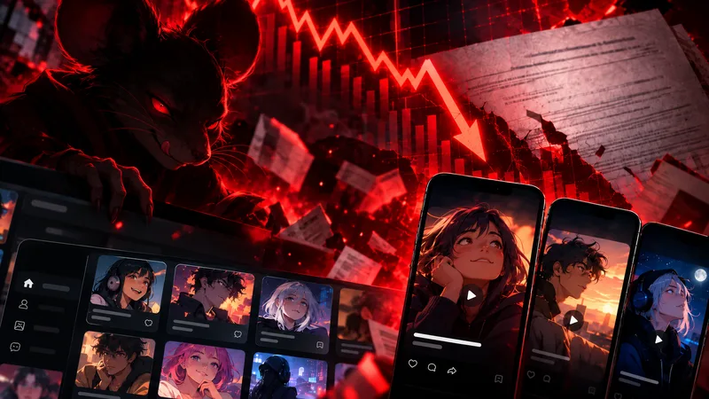 Illustration of Character.AI chatbots, a falling red graph and a shadowy mouse character
