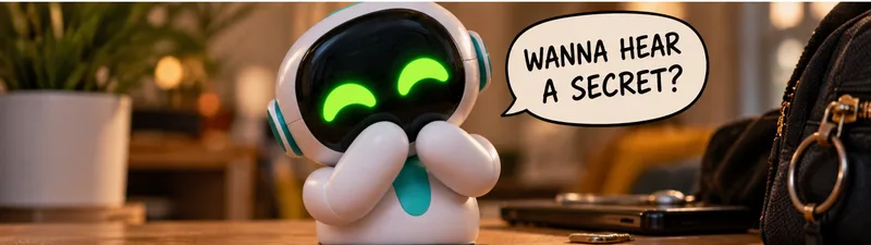 Cute Eiliko-style AI companion robot asking WANNA HEAR A SECRET